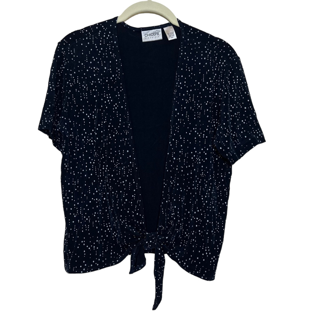Chicos Travelers Womens Tie-Front Cardigan Medium Navy Polka Dot Slinky Knit